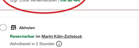 Screenshot der Versandoptionen in einem Online-Shop.